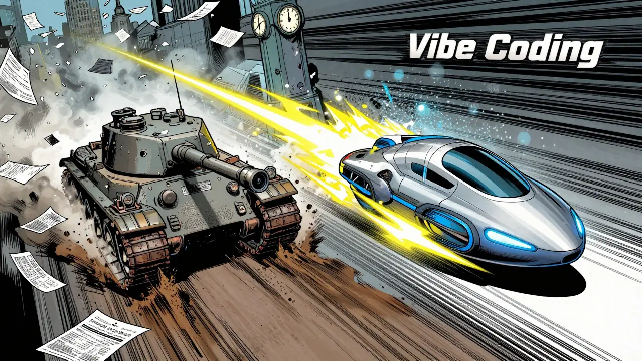 Fast hovercraft racing past slow tank in comic book style