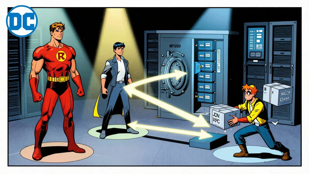 Four comic book characters representing MCP architecture components exchanging data