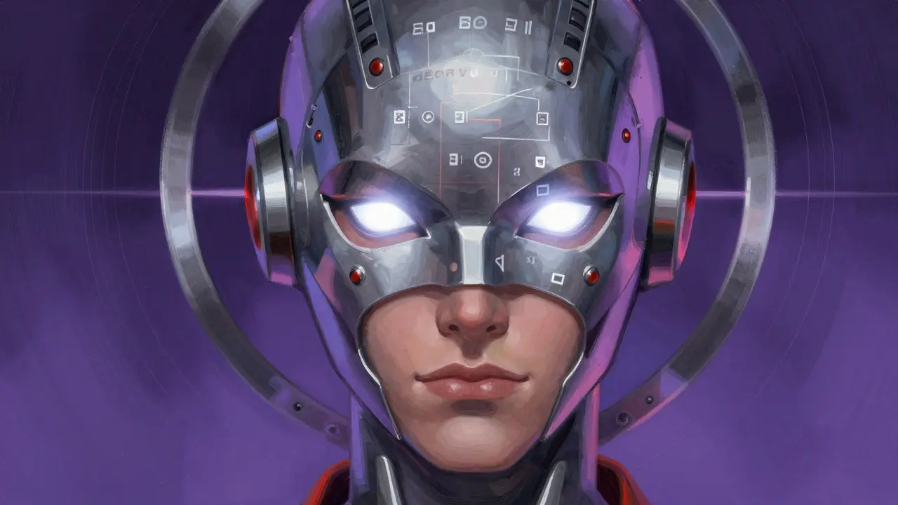 Futuristic AI character with rotating rings illustrating RoPE technology