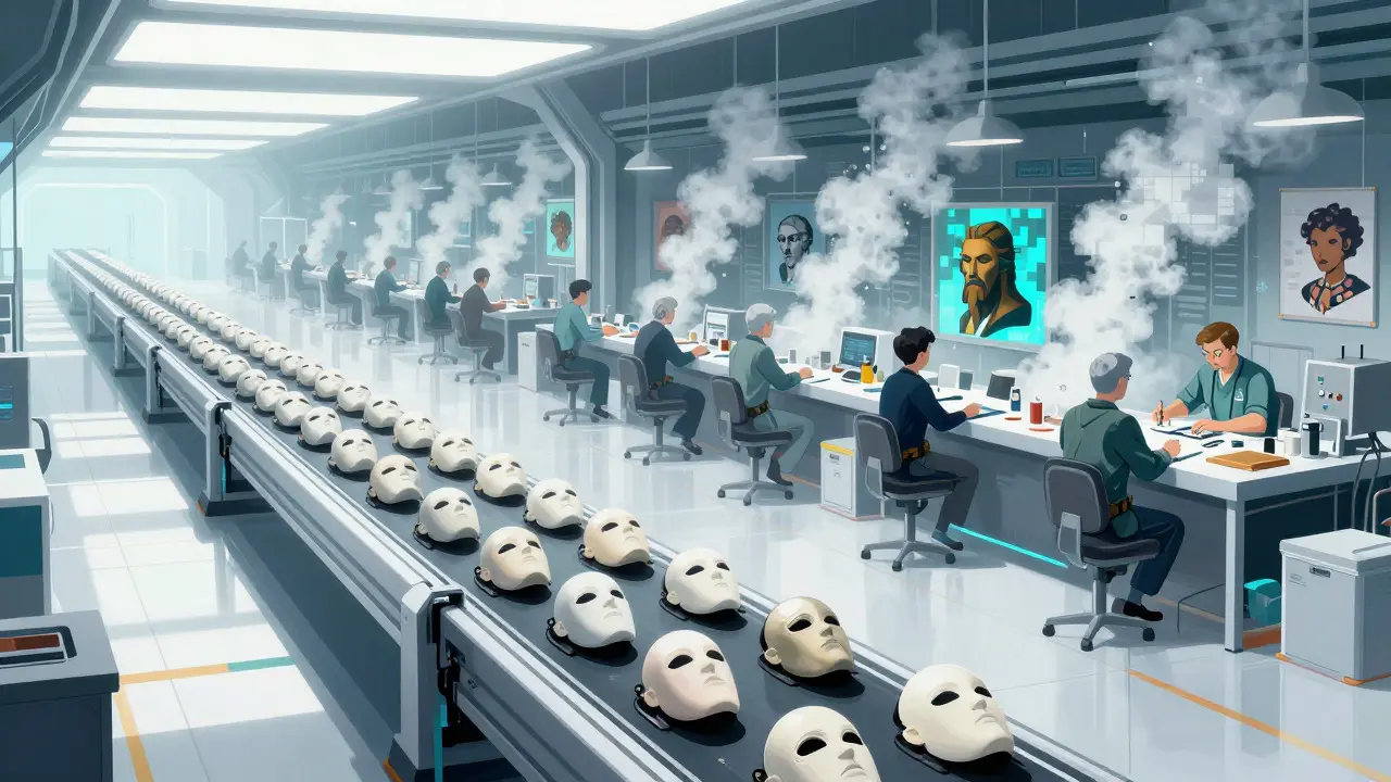 Futuristic factory scene comparing uniform GAN output with diverse Diffusion creations.