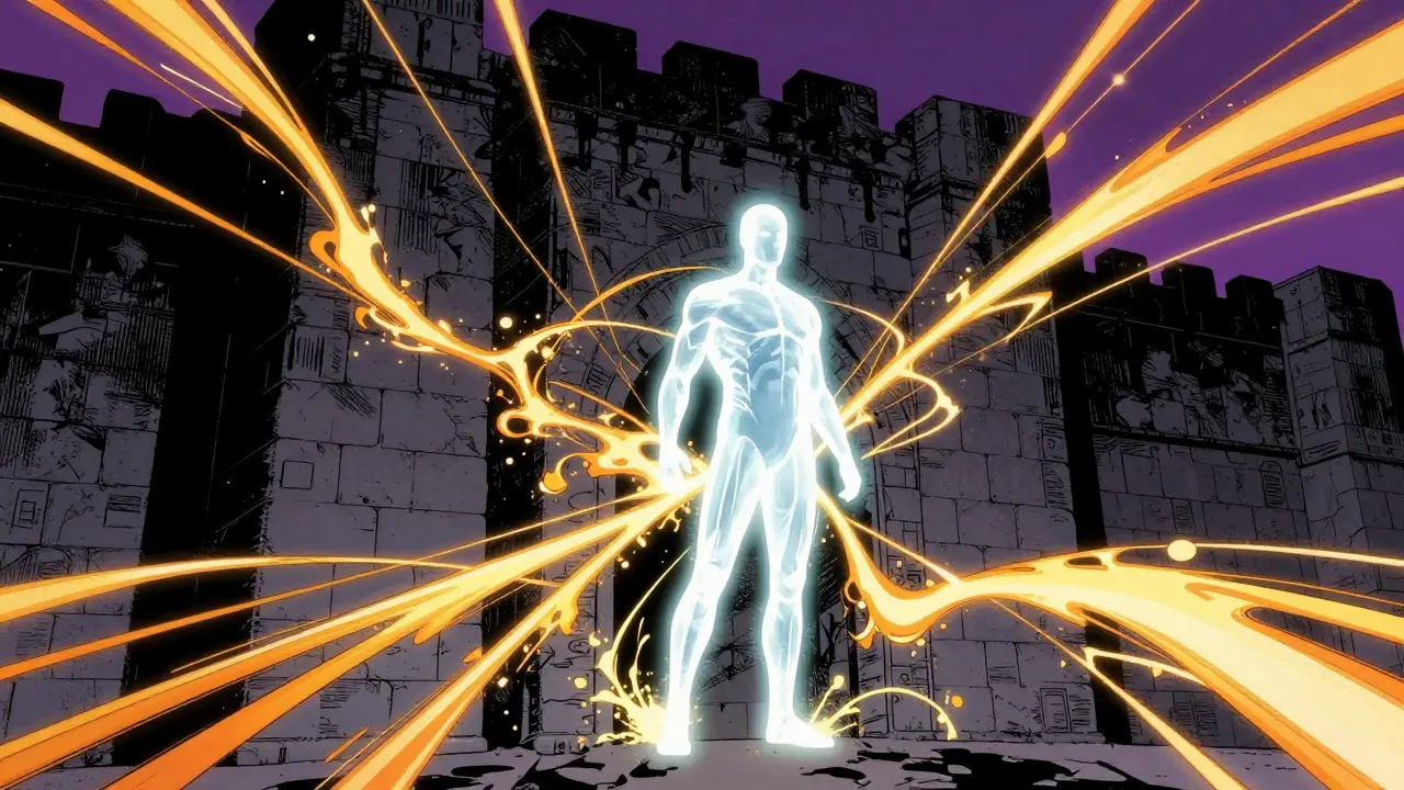 Glowing AI figure leaking golden data streams past a stone fortress wall