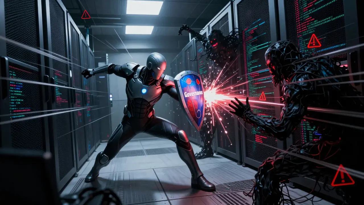 Hero fighting code monsters representing technical debt in server room