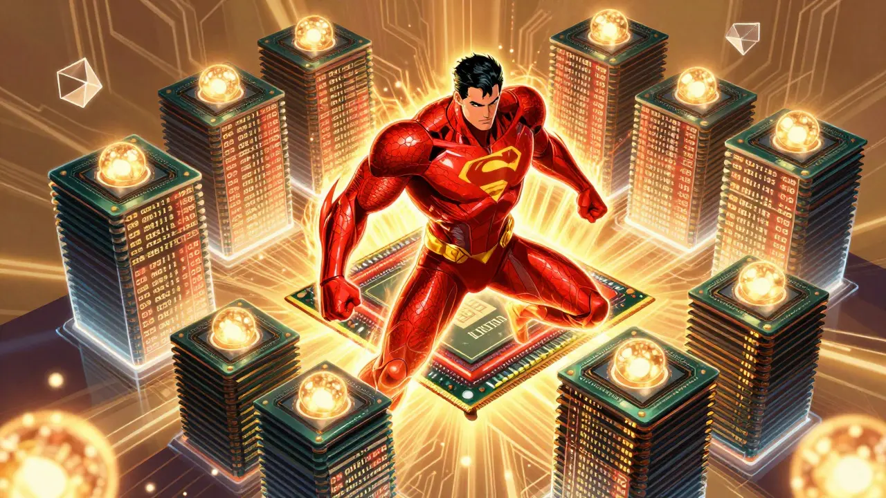 Heroic comic depiction of a GPU optimizing data batches and cache memory