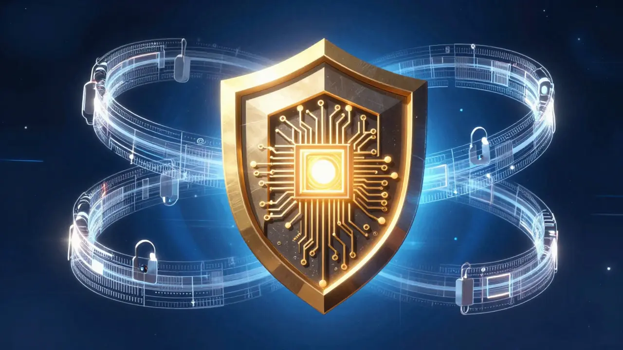 Heroic shield protecting circuitry with cryptographic rings in DC comic style