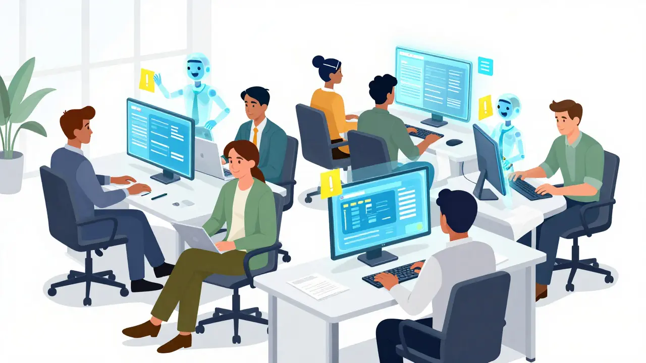Human agents collaborating with holographic AI assistants in a modern office setting