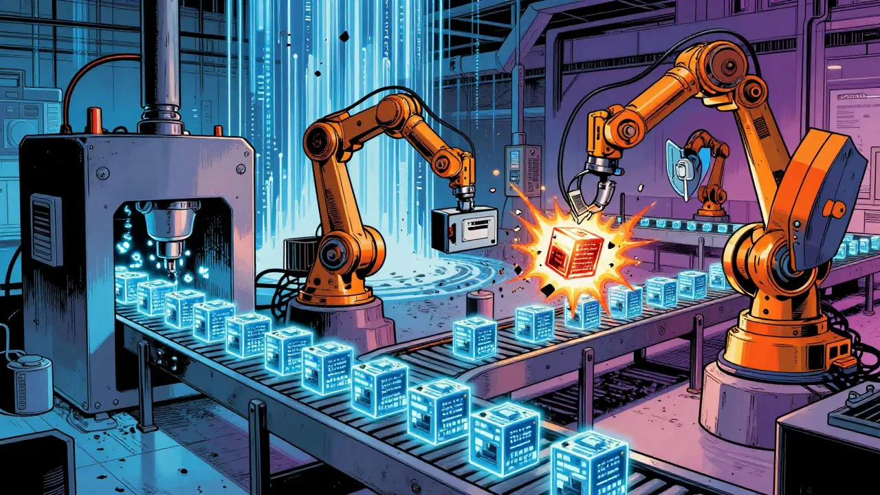 Mechanical arms scanning code blocks on a digital assembly line