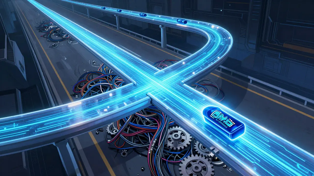 Neon data stream flowing through skip connection bypassing congestion