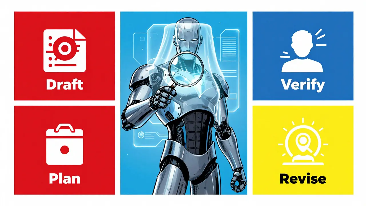 Robot using a four-step verification process on a holographic interface in comic style