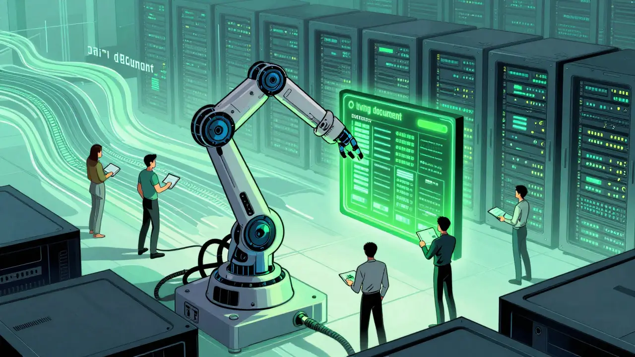 Robotic arm updating a digital ledger in a futuristic server room