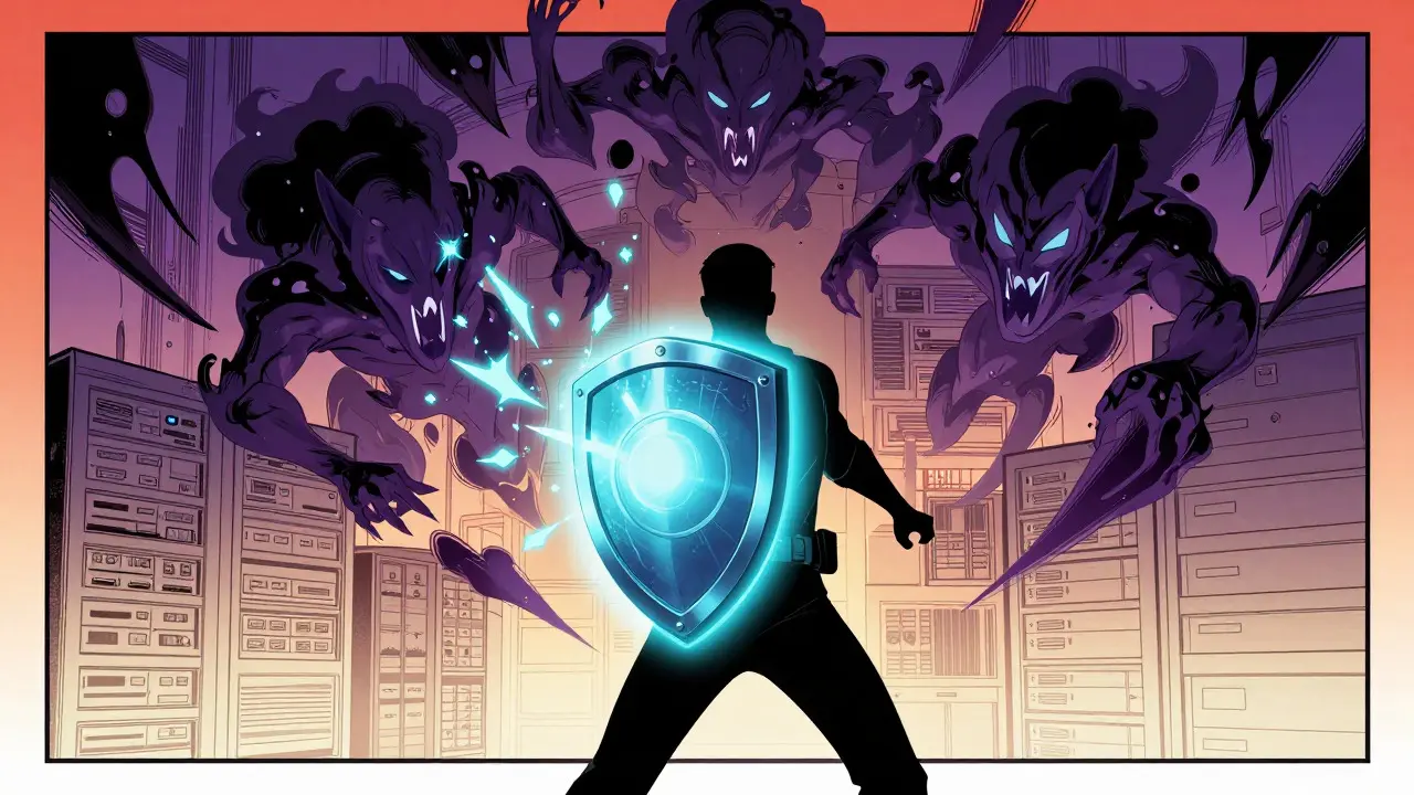 Security analyst holding a glowing shield against dark shadow prompt shapes