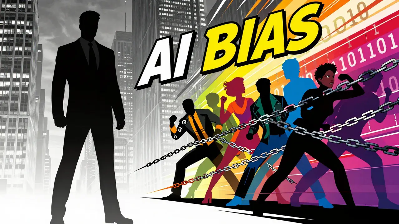 Silhouettes breaking free from binary chains representing AI stereotypes.