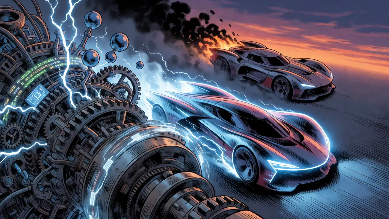 Sleek AI-driven competitor racing ahead of a lagging rival in a dramatic innovation race.