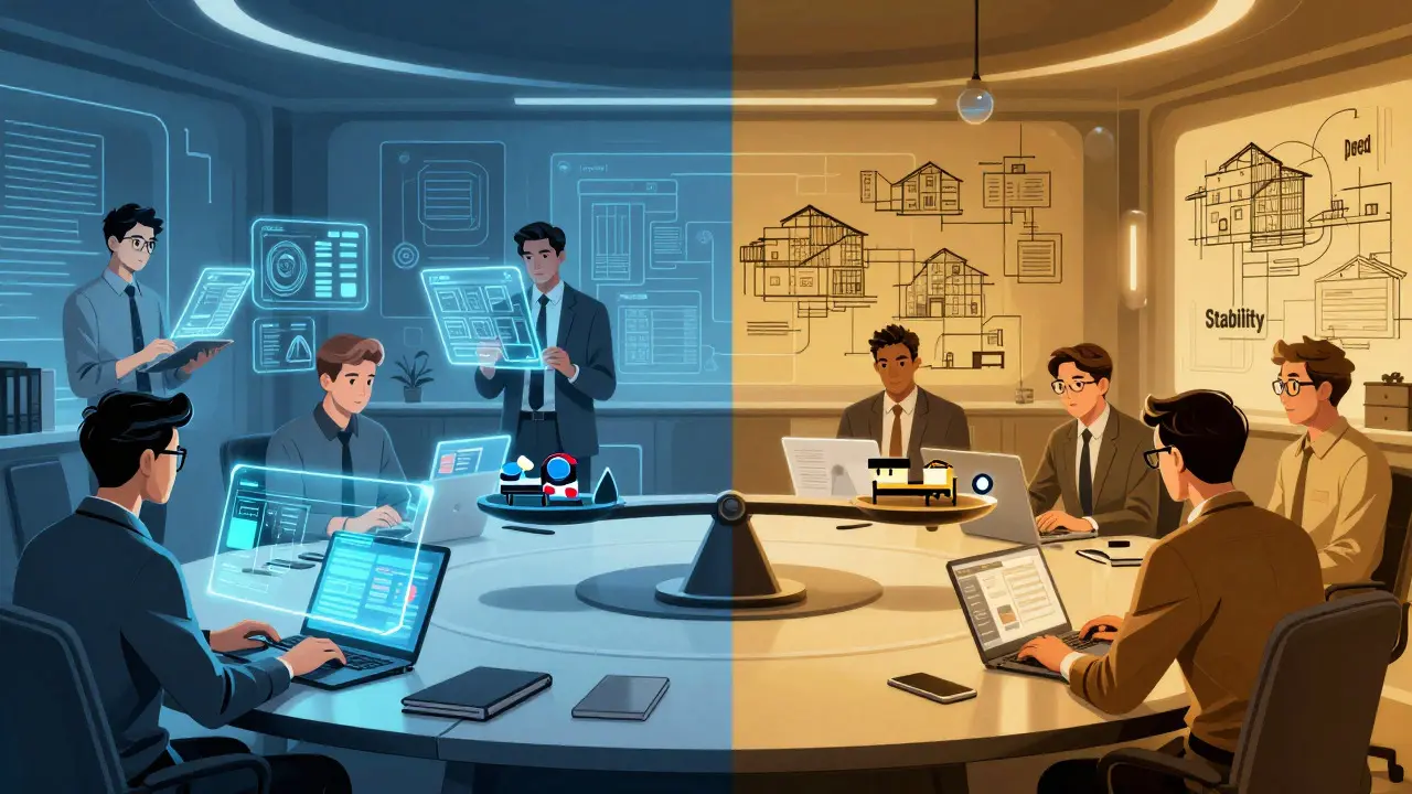 Split boardroom showing hybrid teams balancing speed and stability