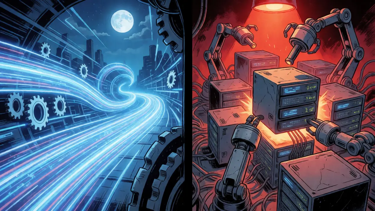 Split scene showing smooth off-peak AI workflows versus chaotic autoscaling server adjustments.