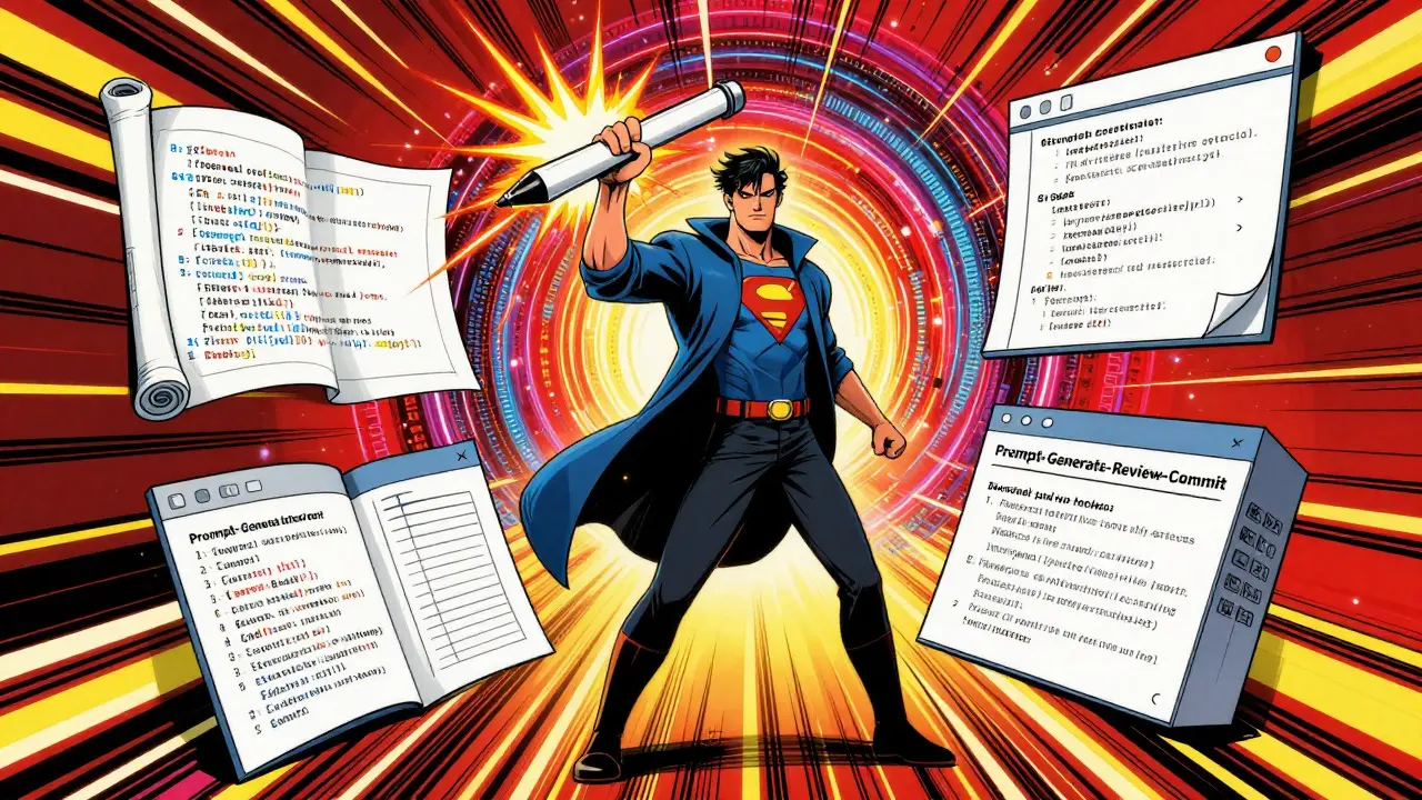 Superhero developer writing code with floating documentation panels in comic style