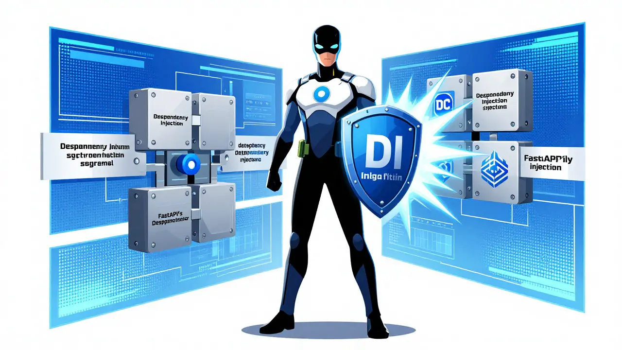 Superhero with DI shield organizing blue modular data streams in a clean grid