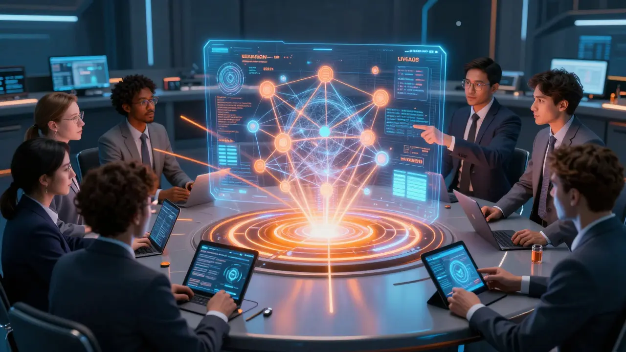 Team collaborating around a holographic data network in a control room