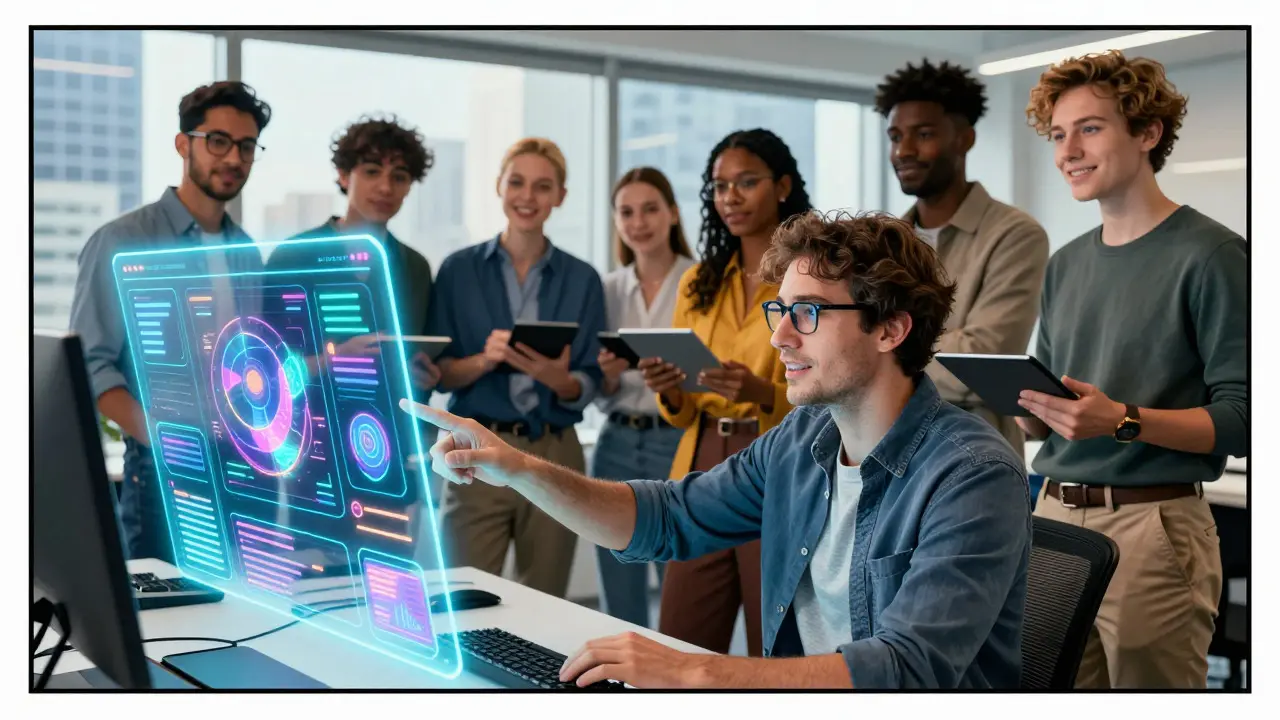 Team collaborating around holographic UI in DC Comics style