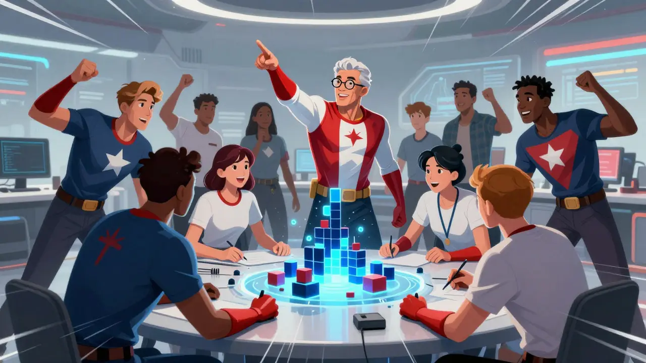 Team of developers collaborating on a digital project in comic style