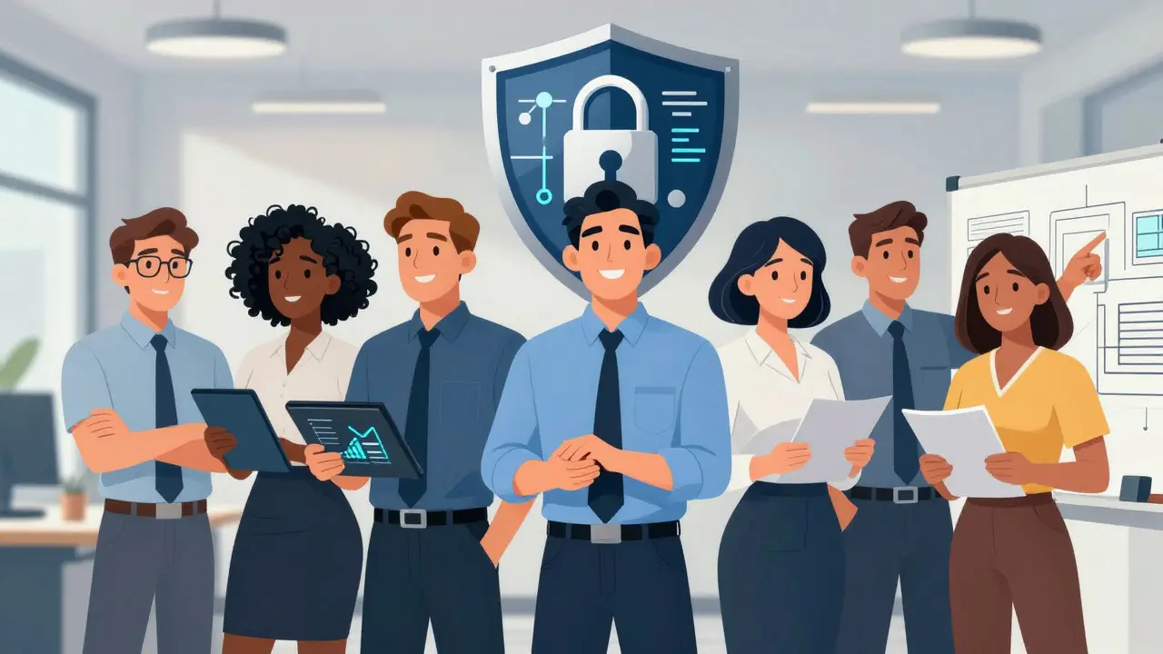 Team of engineers and security experts united under a shield emblem