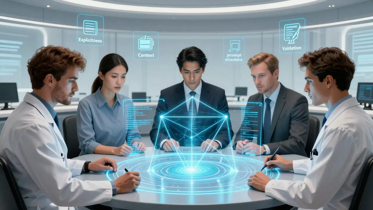 Team of experts building a structured, glowing blue prompt framework in a high-tech collaborative environment.