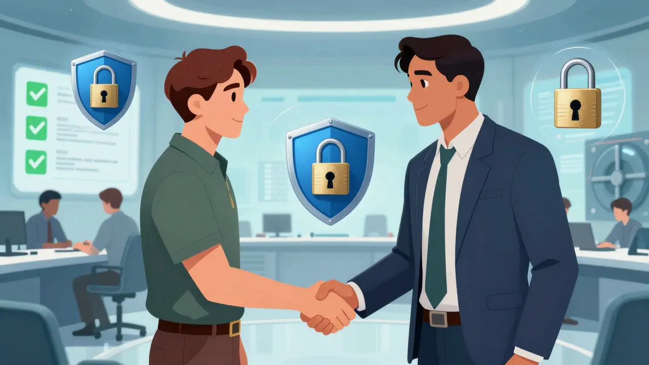 Teams collaborating securely in a high-tech hub with shields and locks