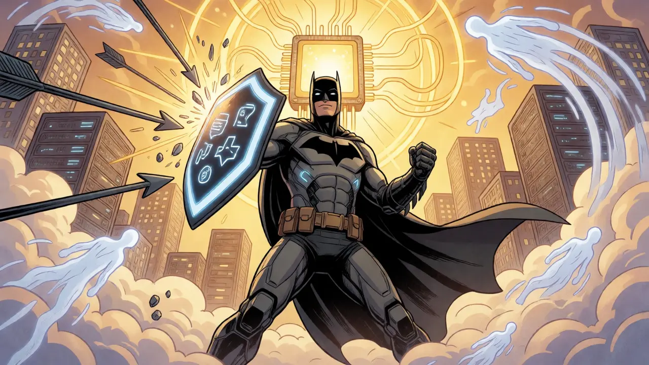 Tech-armored hero deflecting interruption arrows while standing before a radiant server core.