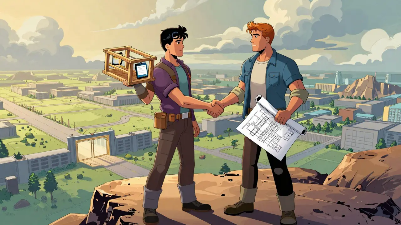 Two heroes shaking hands over a digital landscape with blueprint in comic style