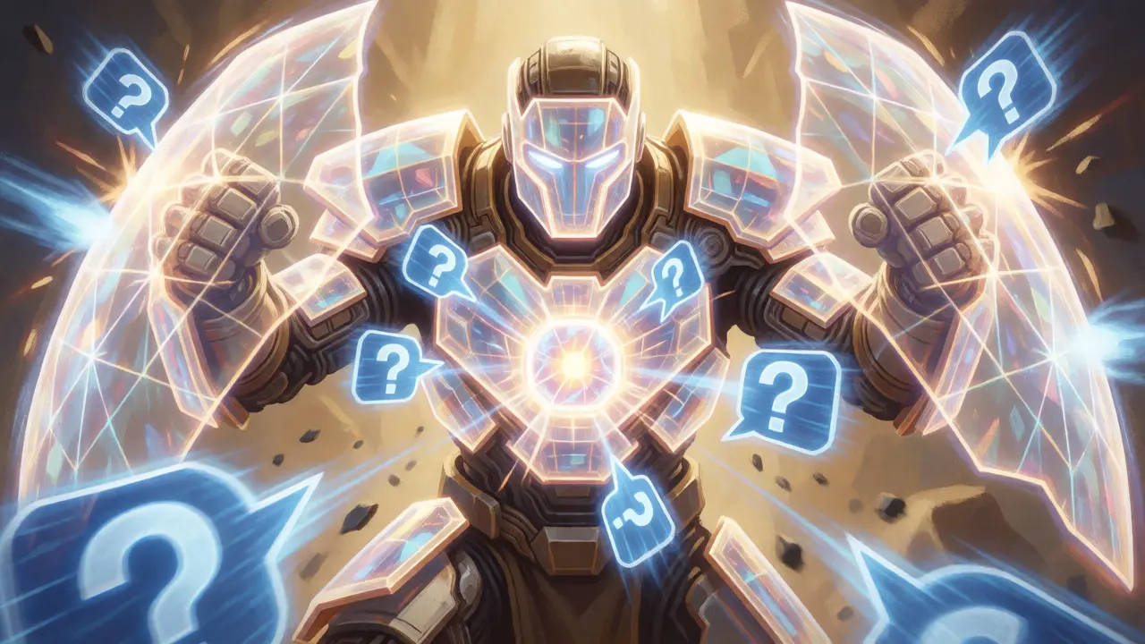 A holographic armored guardian deflecting speech bubble projectiles to protect a glowing core.