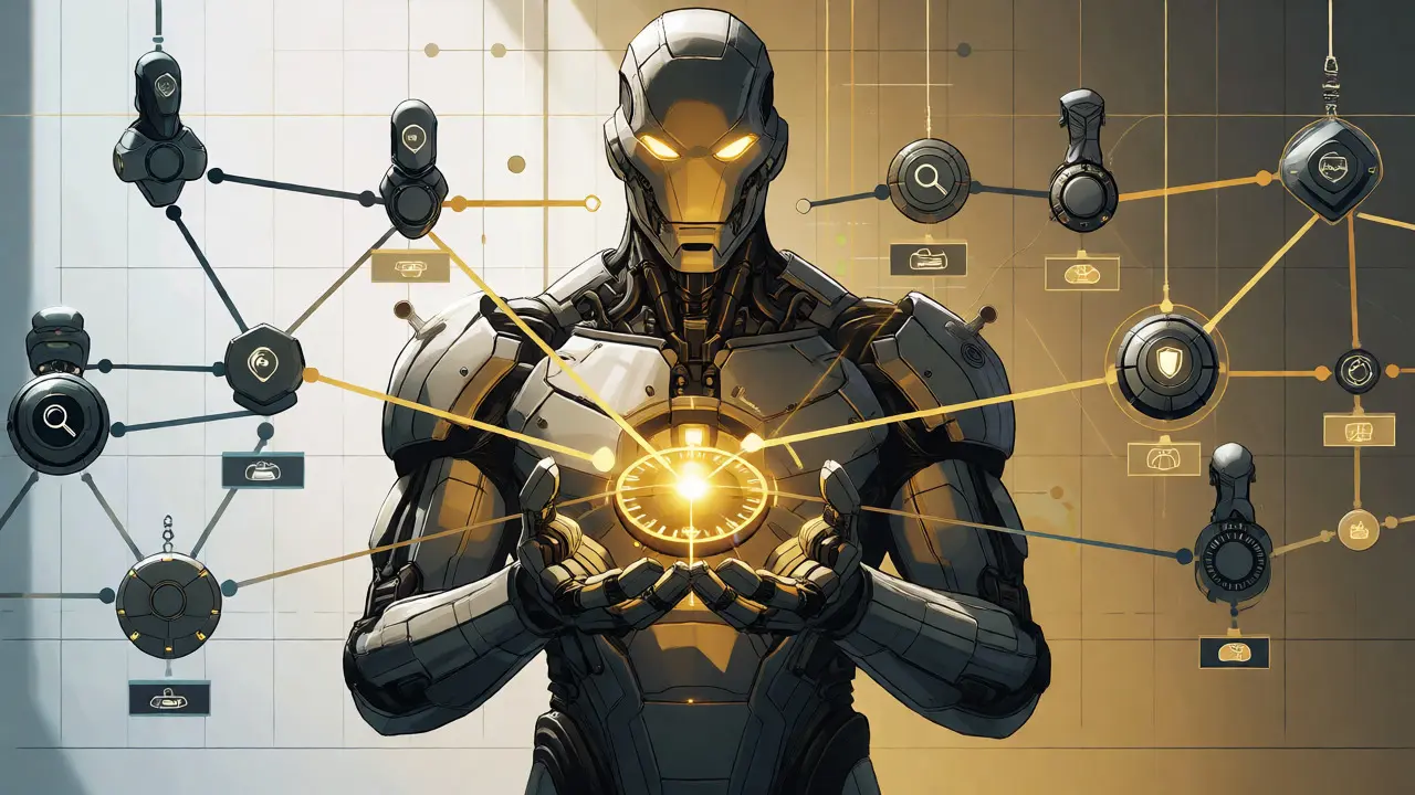 A metallic orchestrator figure directs specialized agents along clear, structured paths defined by a state diagram.