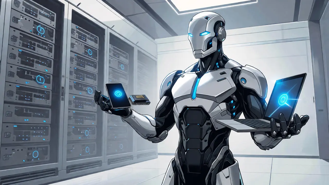 A sleek AI robot deploying efficiently onto phones and laptops.