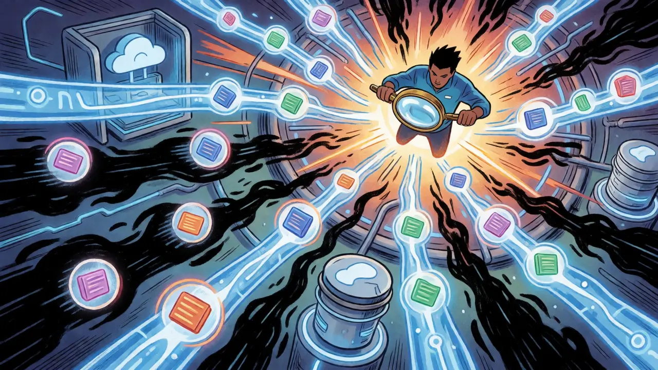 Abstract visualization of data mapping showing hidden API flows and storage vaults in a comic book aesthetic.