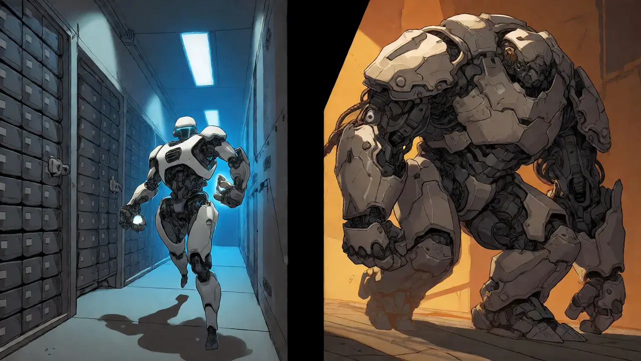 Agile sparse robot moving past heavy inactive storage vaults