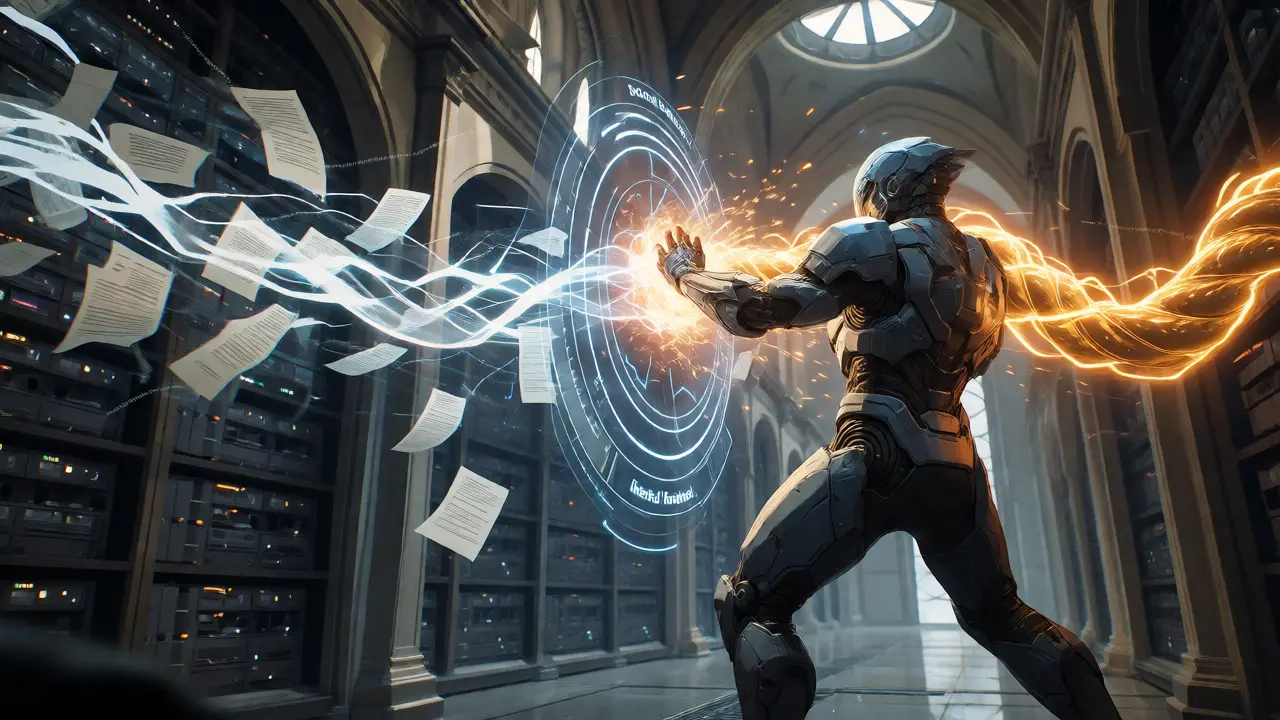 An armored figure fusing external document streams with internal knowledge inside a digital library.