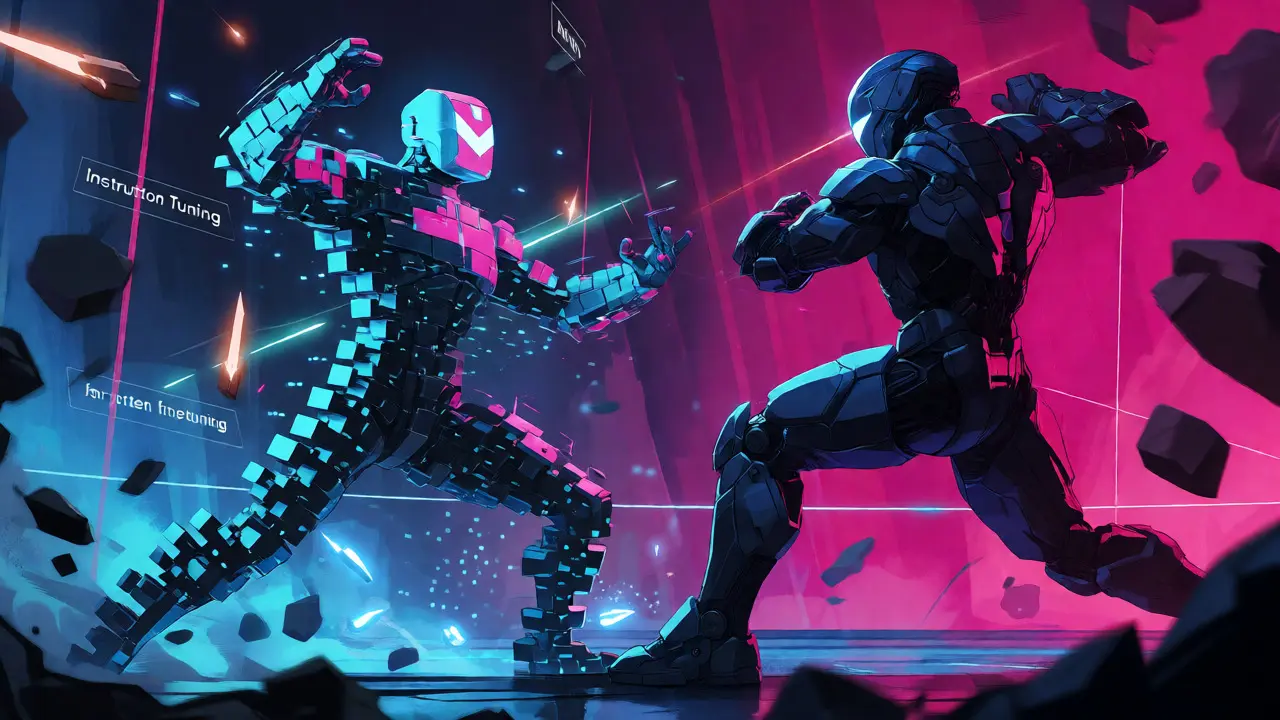Anthropomorphic AI characters illustrating the trade-off between versatility and specialized accuracy.