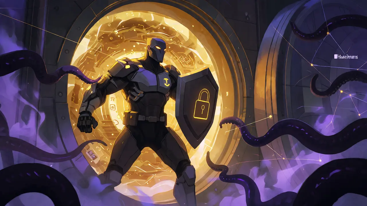 Armored guardian protecting a data vault from shadowy hallucination threats