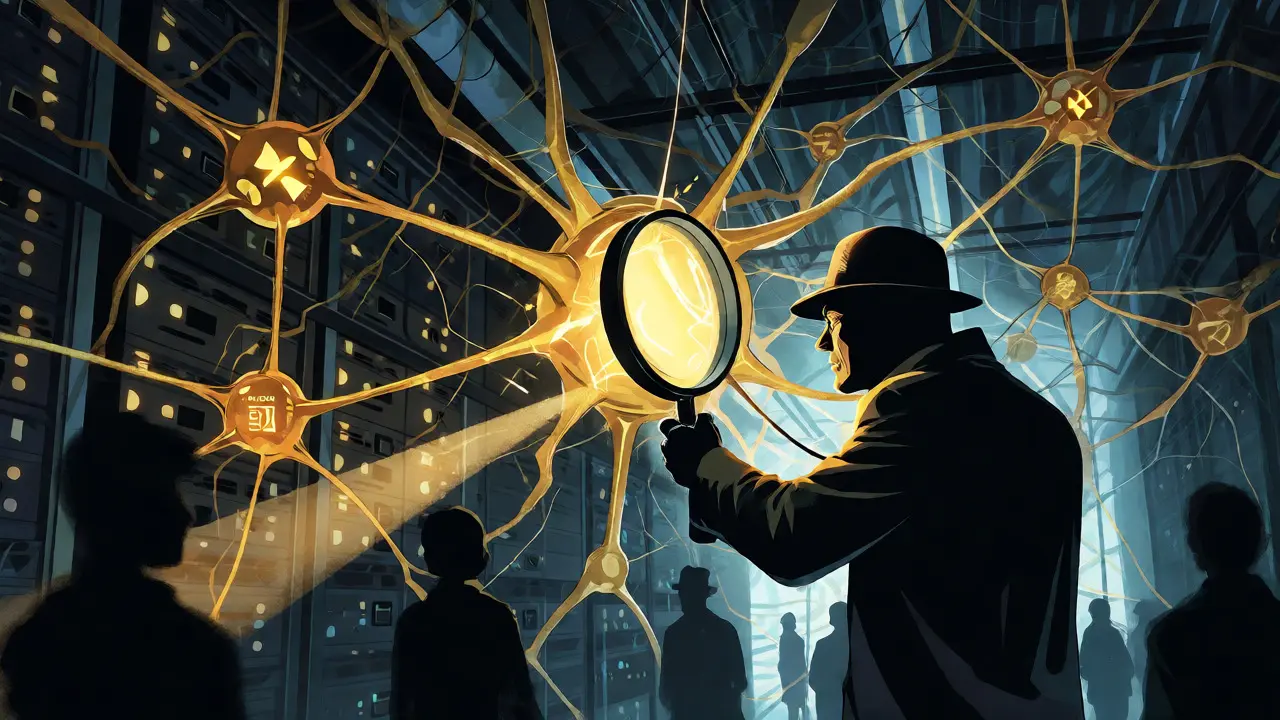 Auditor investigating hidden bias nodes within a glowing neural network web.