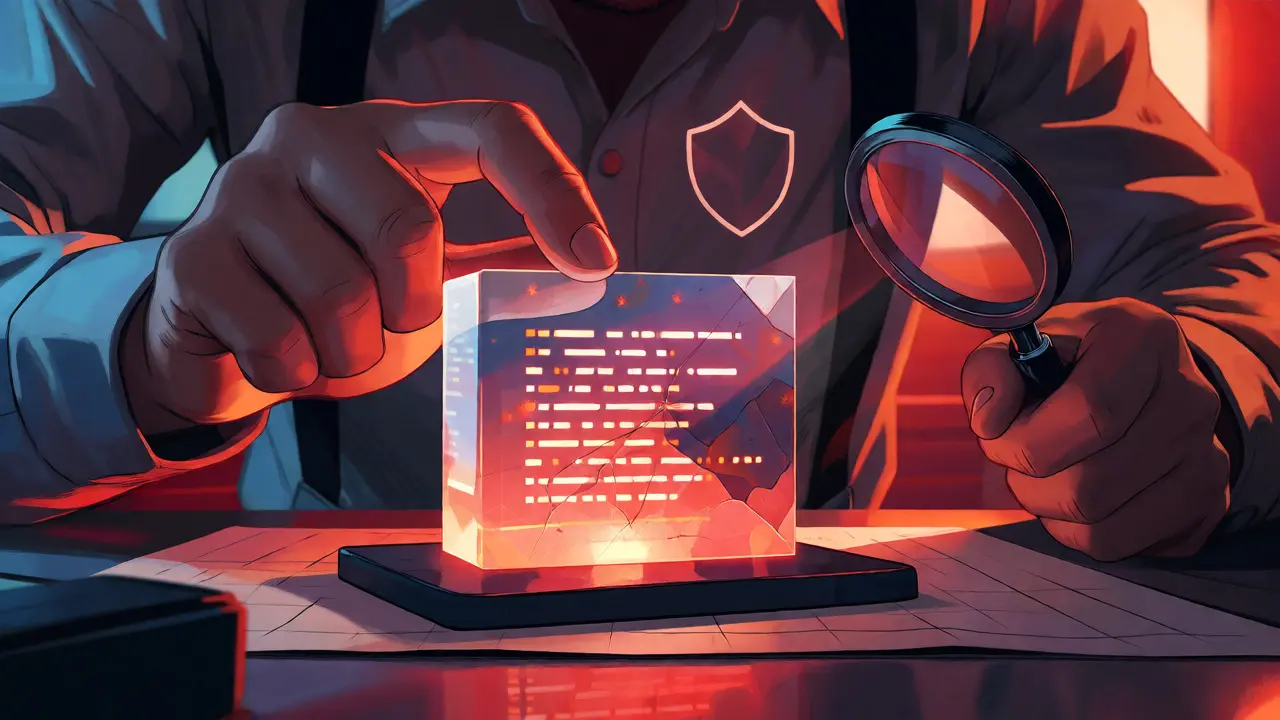 Close-up of hands inspecting glowing code for security flaws in comic art style.