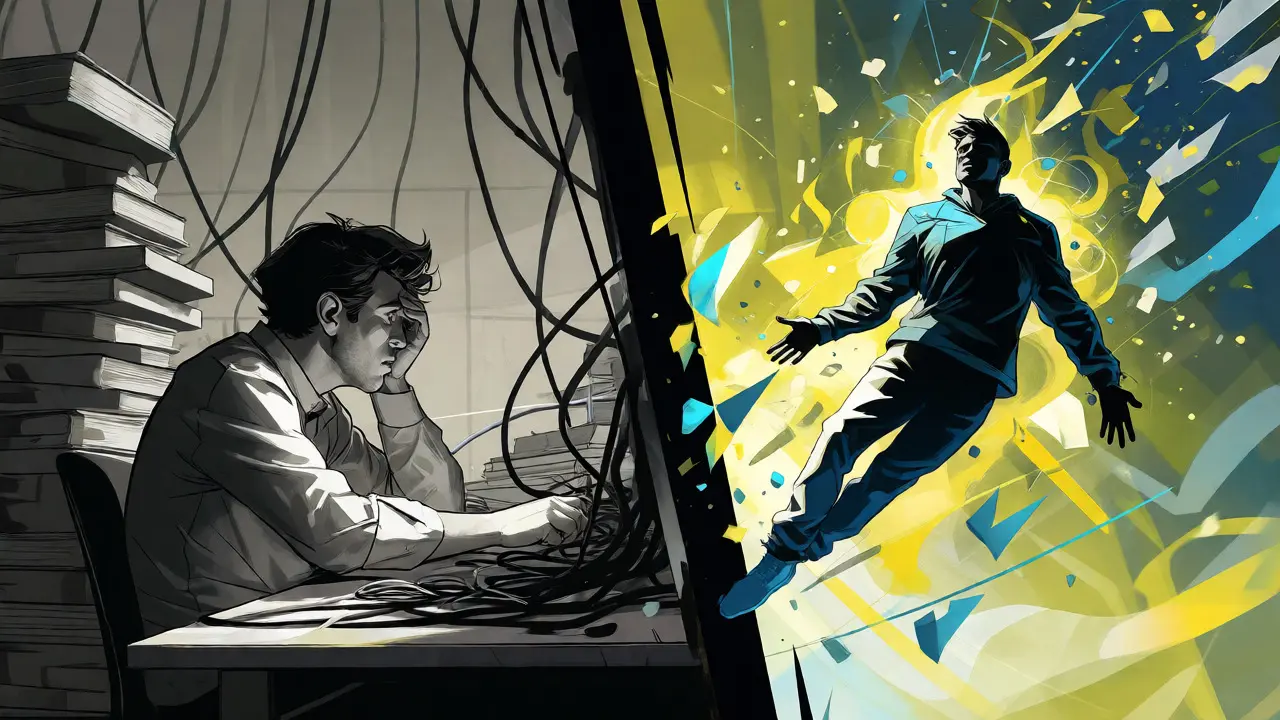 Contrast between stressed traditional coding and effortless vibe coding workflows.