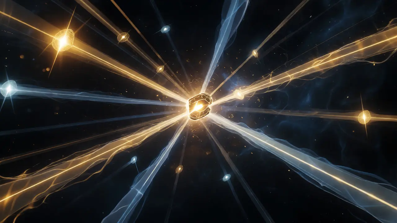 Cosmic void with glowing tokens connected by varying intensity light beams.