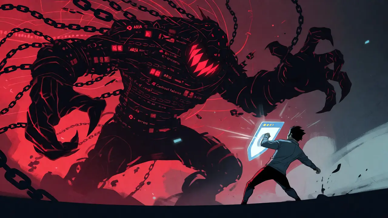 Developer defending against a monster made of coding and accessibility errors