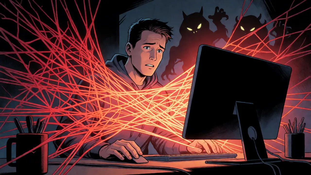 Developer facing tangled red code monsters representing vibe debt and technical issues.