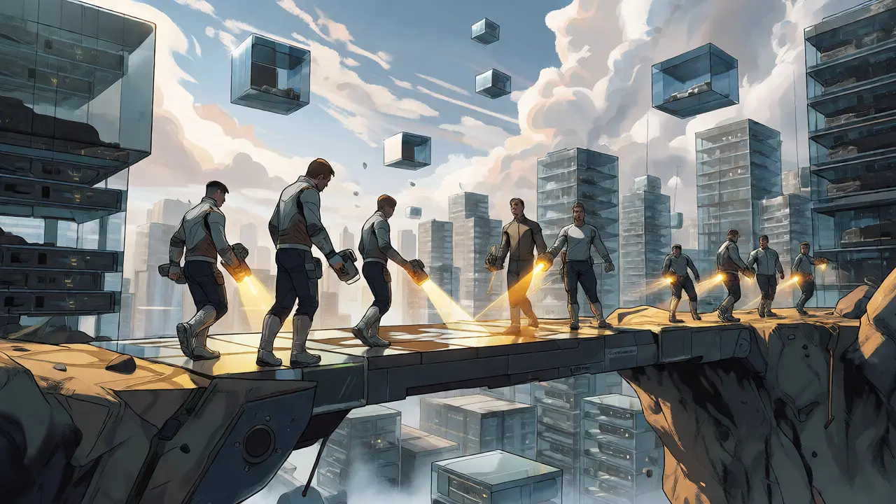 Developers building a compliant bridge over a digital chasm in a futuristic city.