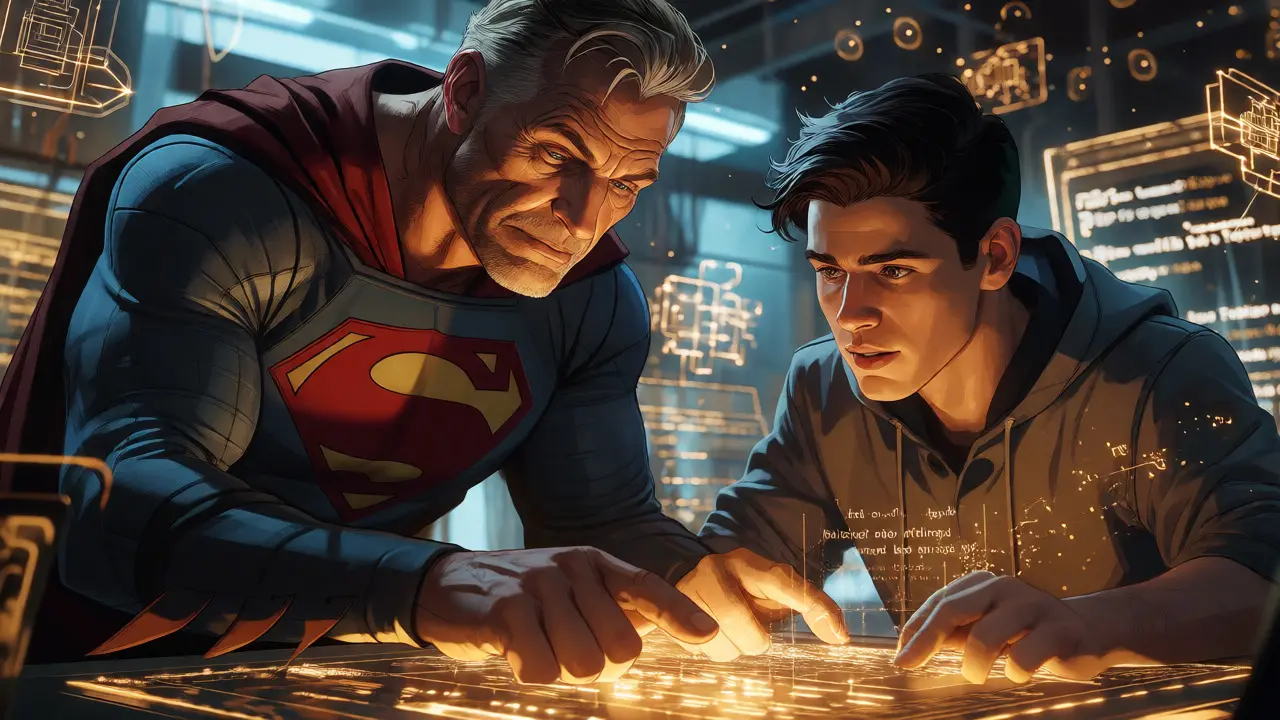 Experienced mentor guiding an apprentice through AI code errors in a dramatic comic book close-up.