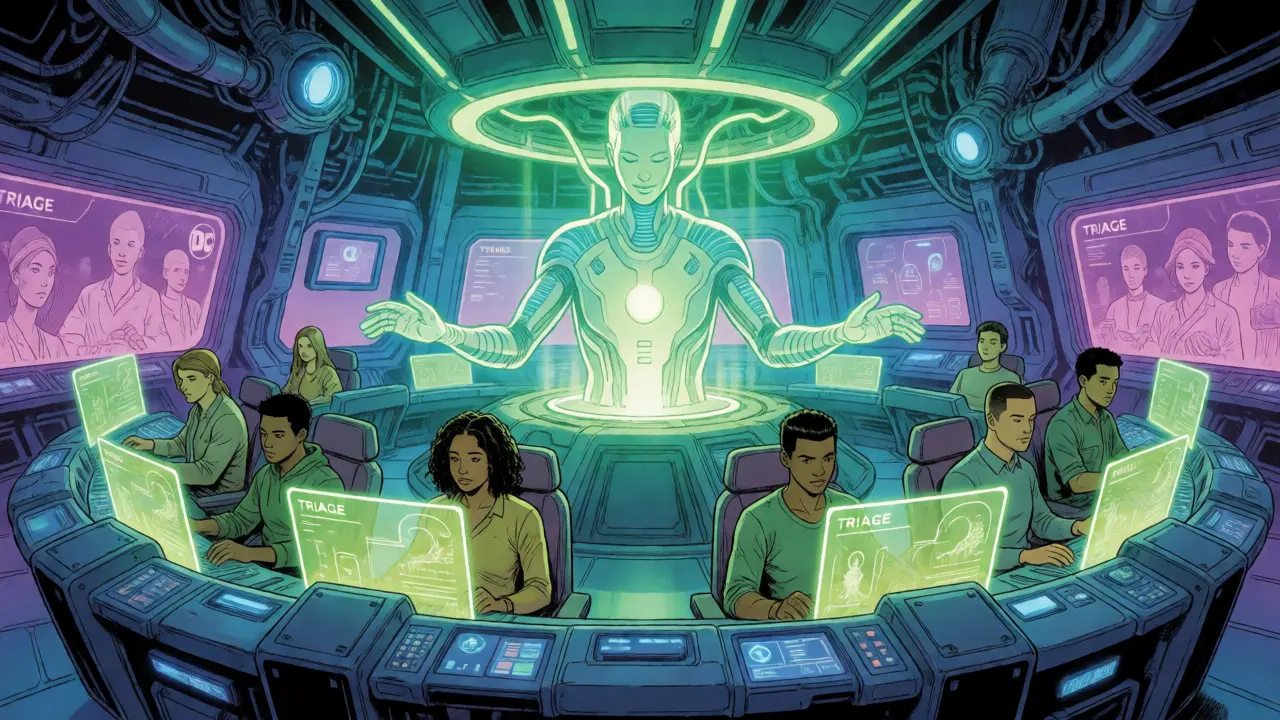 Futuristic control room where humans and AI collaborate via smart triage