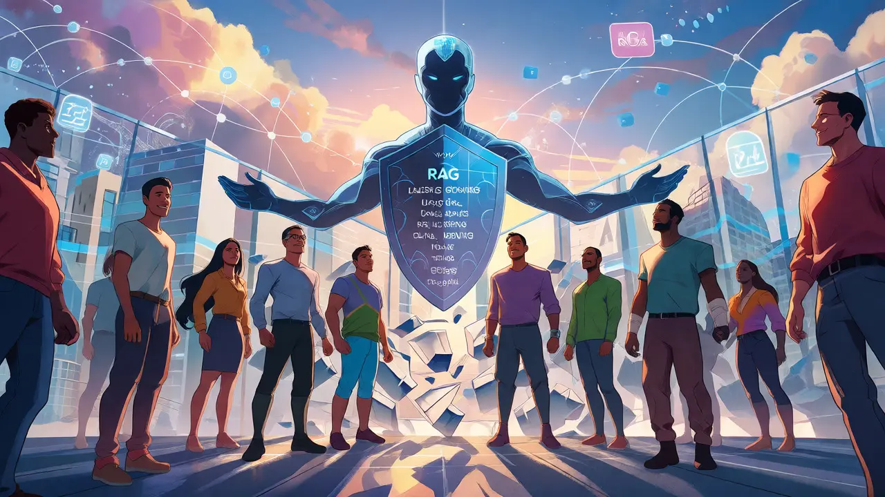 Global users standing before a shattered barrier as an AI guardian ensures accurate multilingual retrieval.