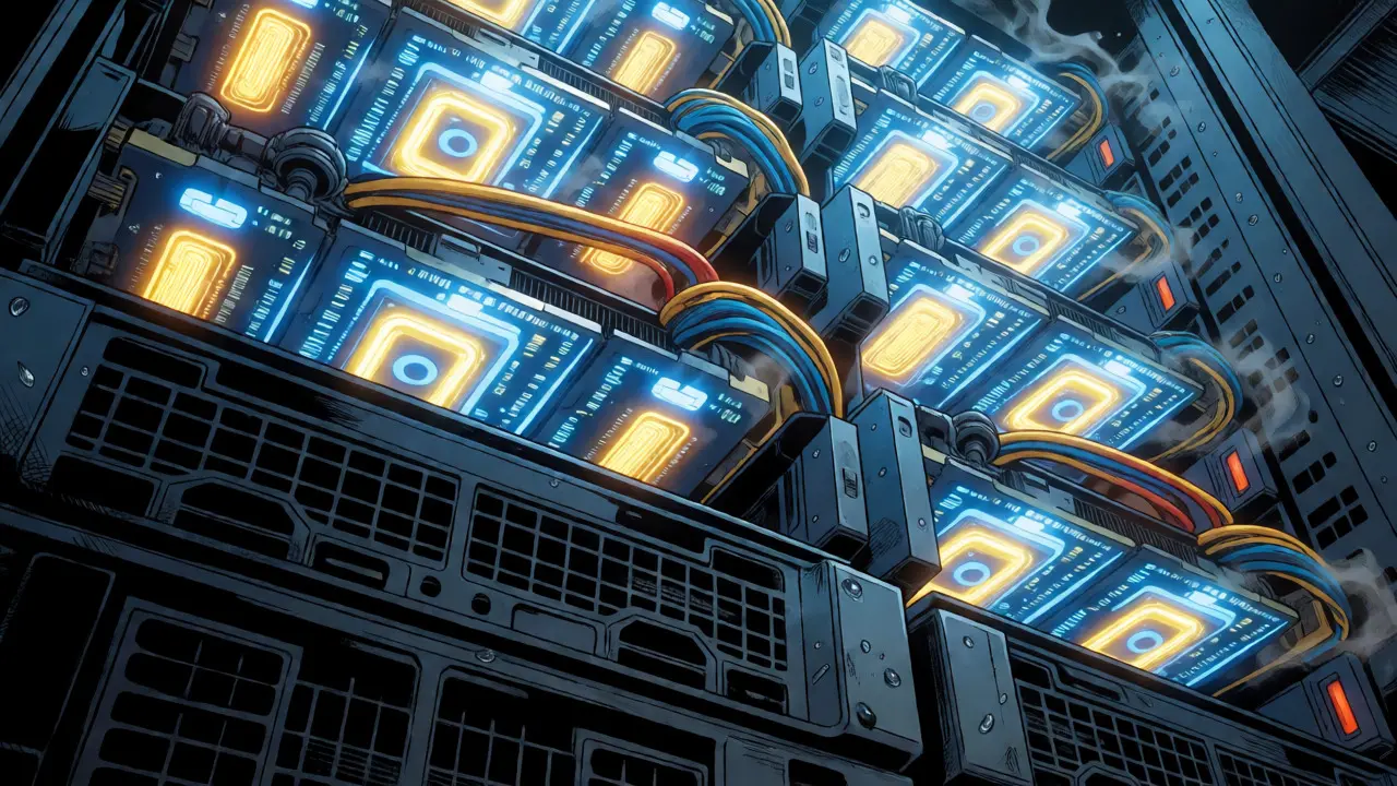 Glowing AI server racks with heat distortion and steam vents in comic art