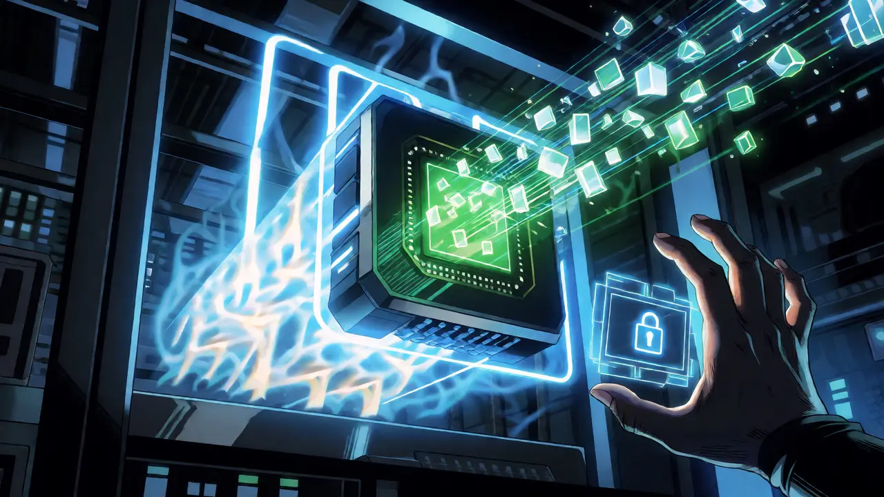 Glowing NVIDIA GPU processing encrypted data streams in a high-tech setting