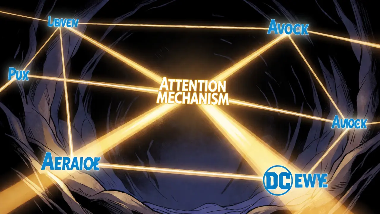 Golden beams connecting floating words to visualize attention mechanisms