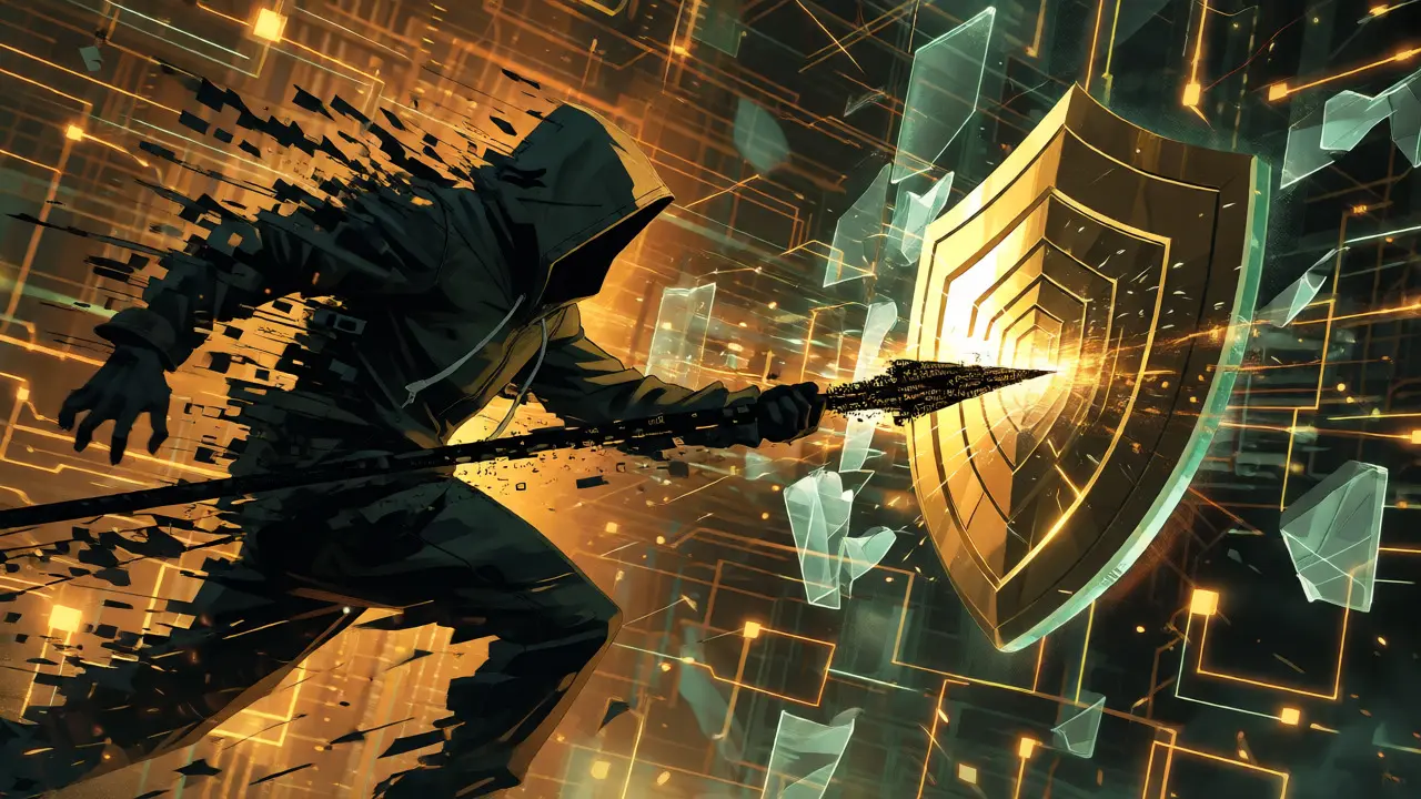 Hacker attacking an AI's reasoning shield with glitch spears in a digital neural network